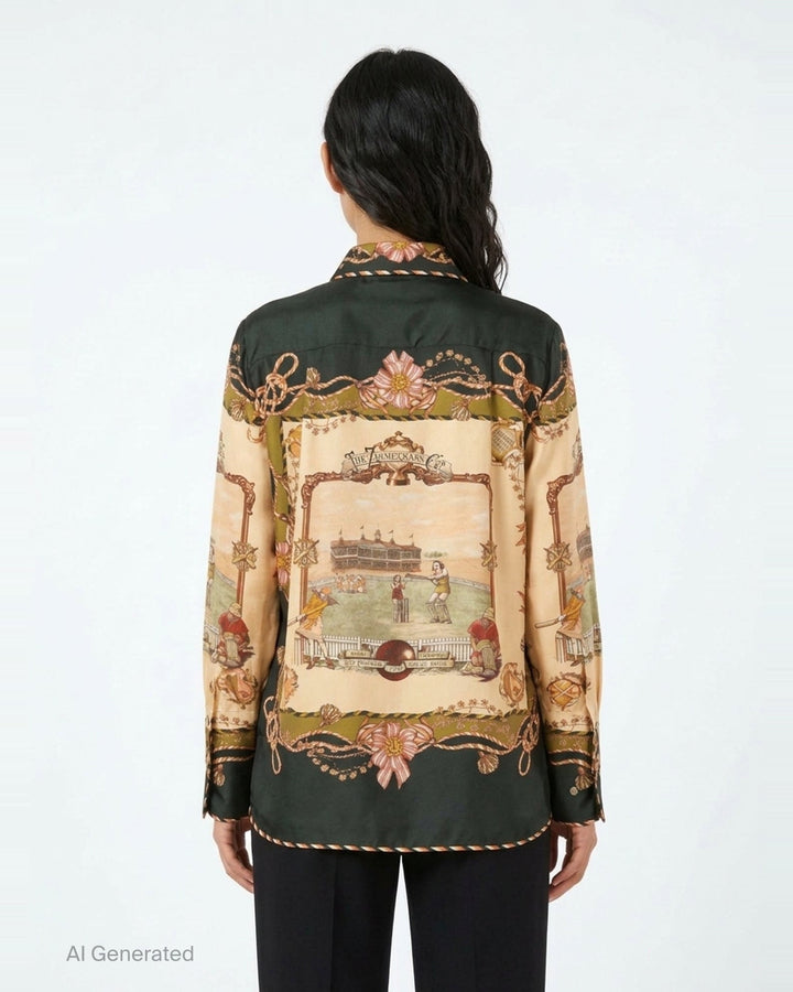 Zimmermann Valiant Twill Shirt with an ornate cricket and floral scarf print in forest green, blush, and ochre, featuring gold-tone press-stud buttons and wide printed cuffs - back