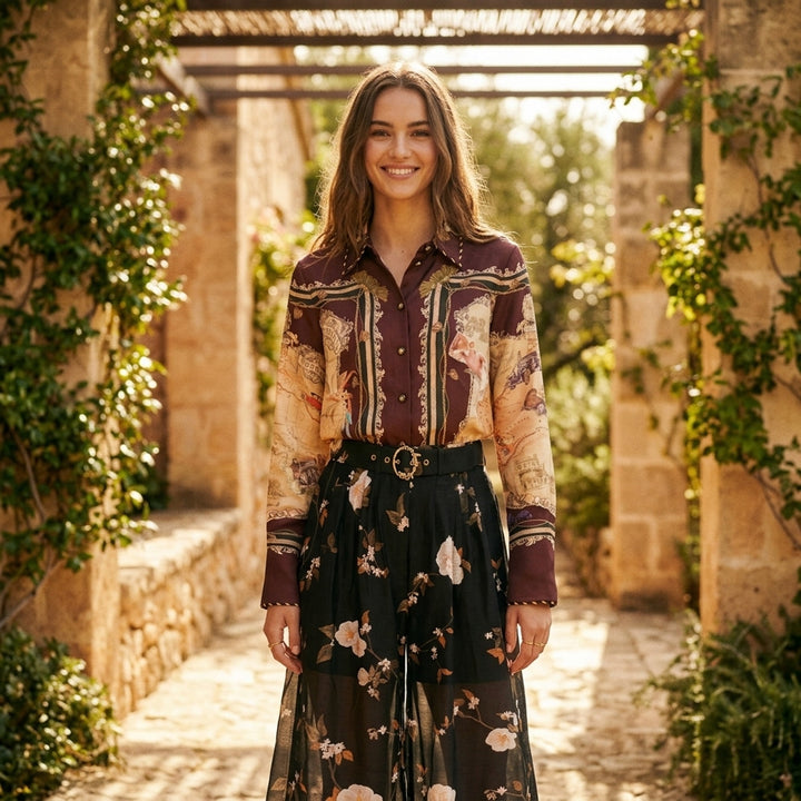Zimmermann Valiant Twill Shirt in burgundy with a vintage Map of Australia scarf print, baroque borders and tassel details - lifestyle
