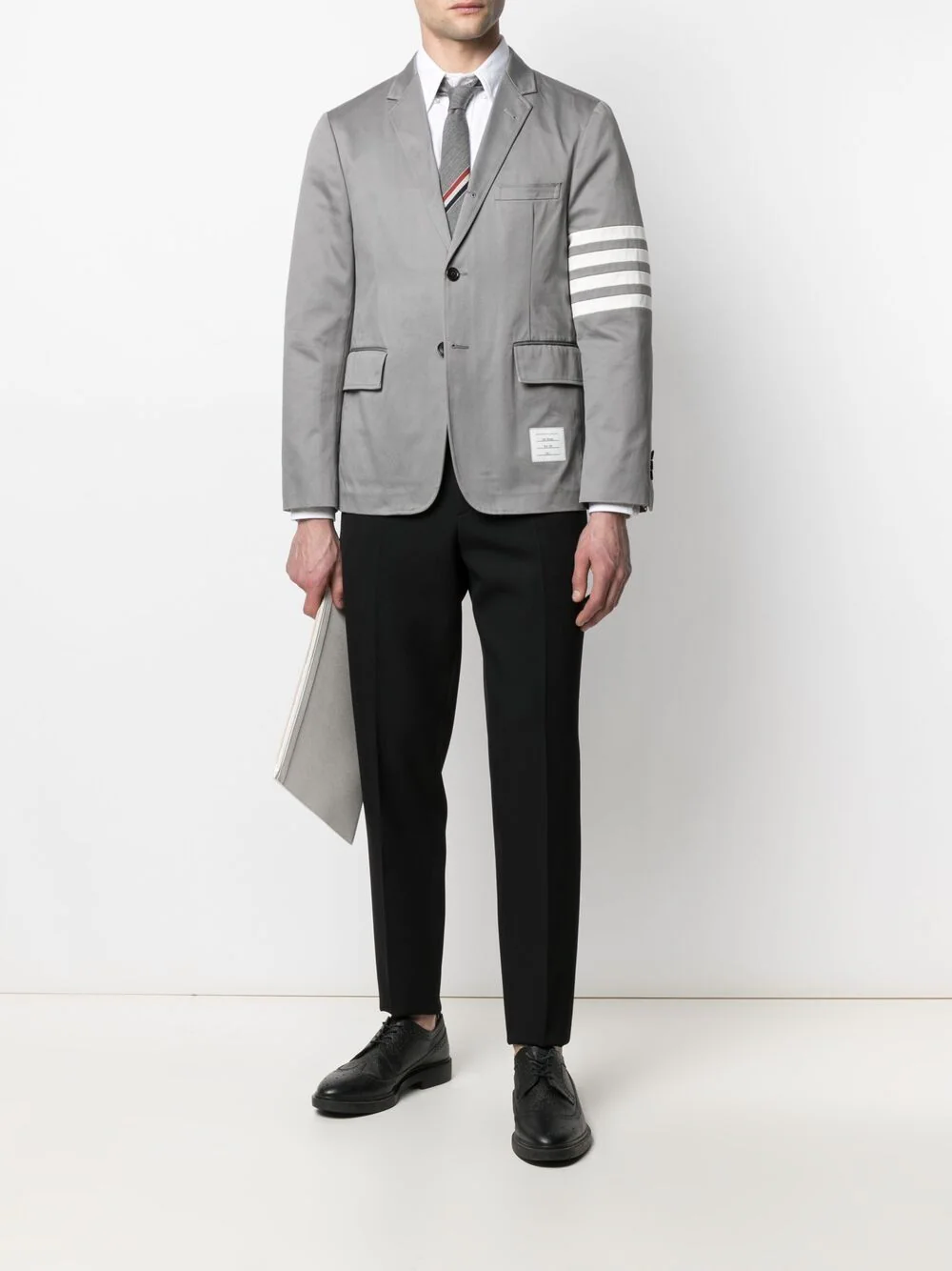 Thom Browne Oxford Grosgrain Placket Shirt in white with button-down collar and signature four-bar label at the hem