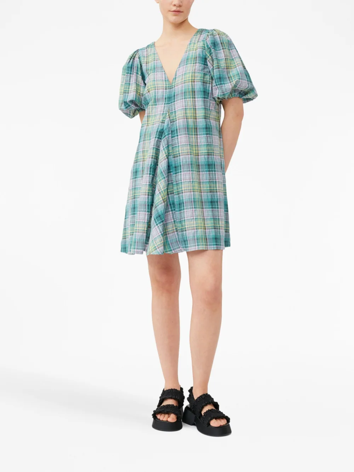 Seersucker Check V-Neck Mini Dress