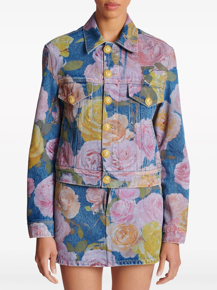 Roses Print Denim Boxy Jacket