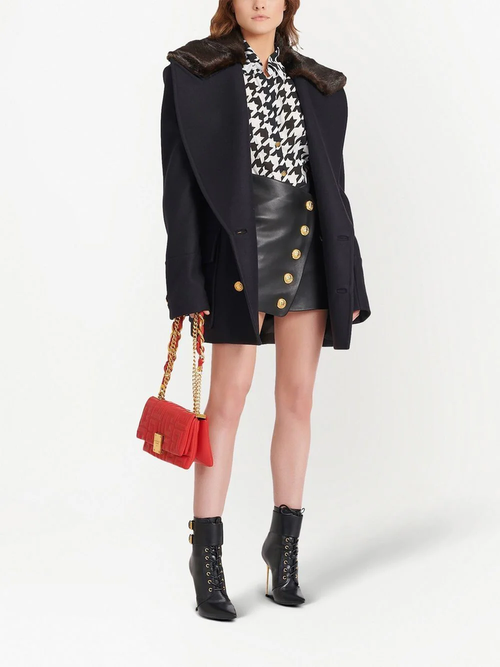 Balmain Button Detail Leather Wrapped Short Skirt Black 2