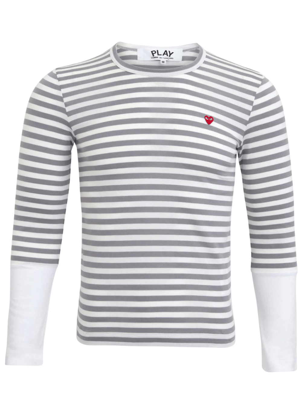 COMME-des-GARCONS-PLAY-Striped-Small-Red-Heart-Tee-Women-Grey-1