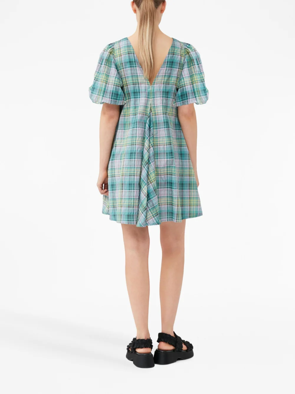 Seersucker Check V-Neck Mini Dress