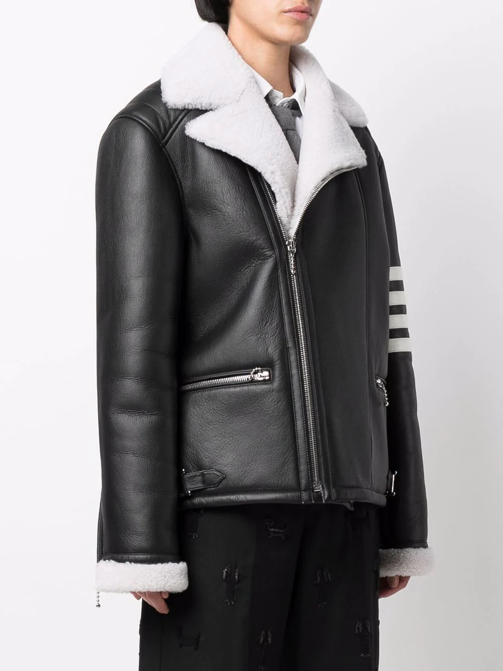 Thom Browne 4 Bar Reversed Shearling Moto Jacket Black 2