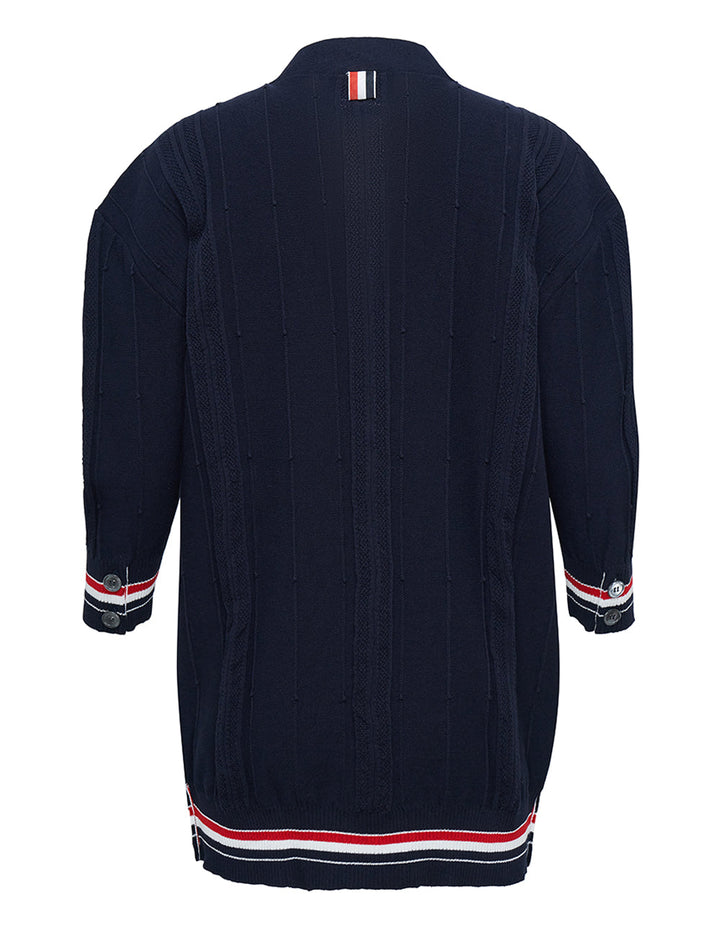 Thom Browne Rwb Cricket Stripe Oversized Fit 3/4 Sleeve Cardigan Navy 2