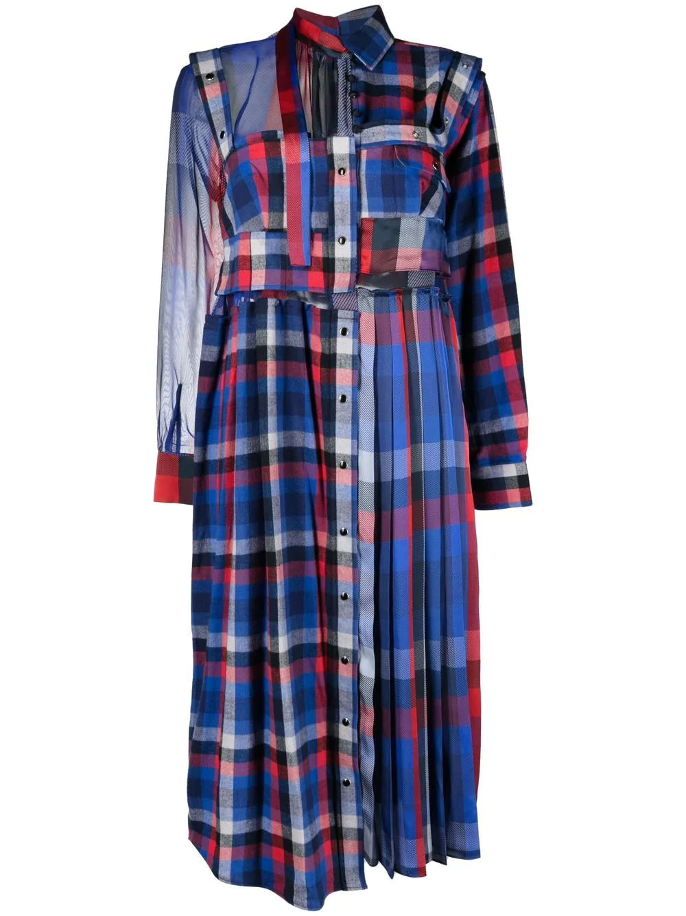 sacai Pleat Detail Plaid Dress Navy 1